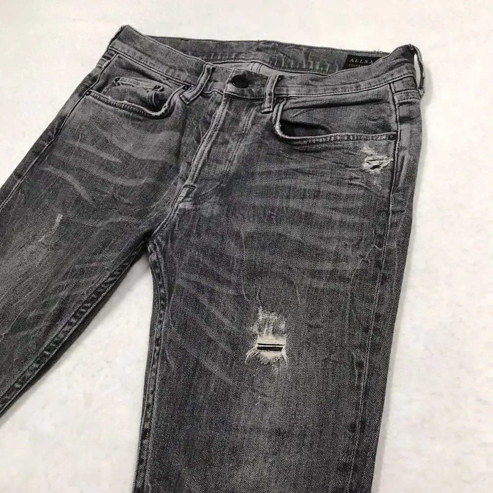 ALL SAINTS Raveline Cigarette Jean Men 30x32 Gray Distress Taper Stretch Denim